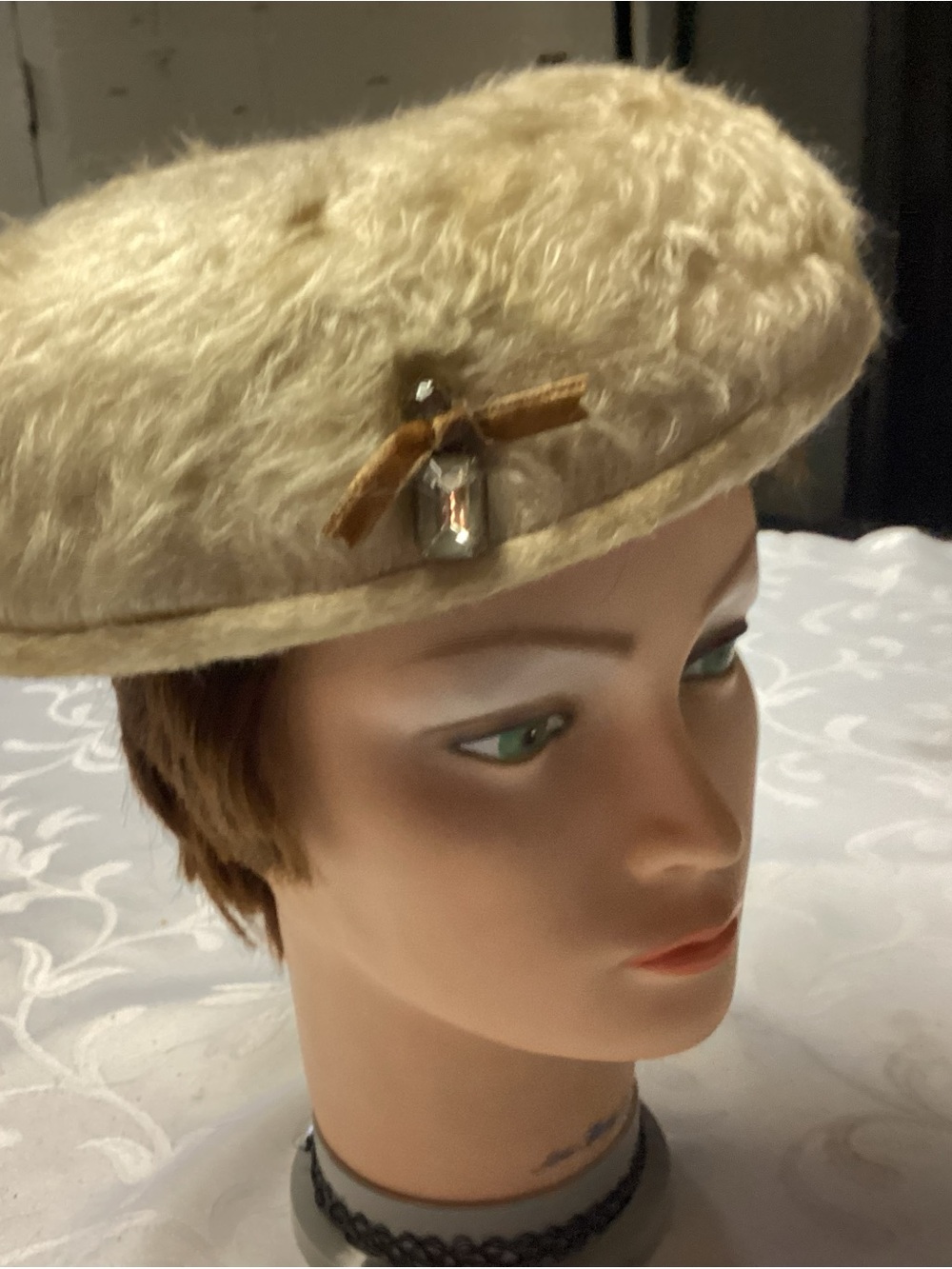 Women's Cream Faux-Fur Beret with Velvet Bow Accent